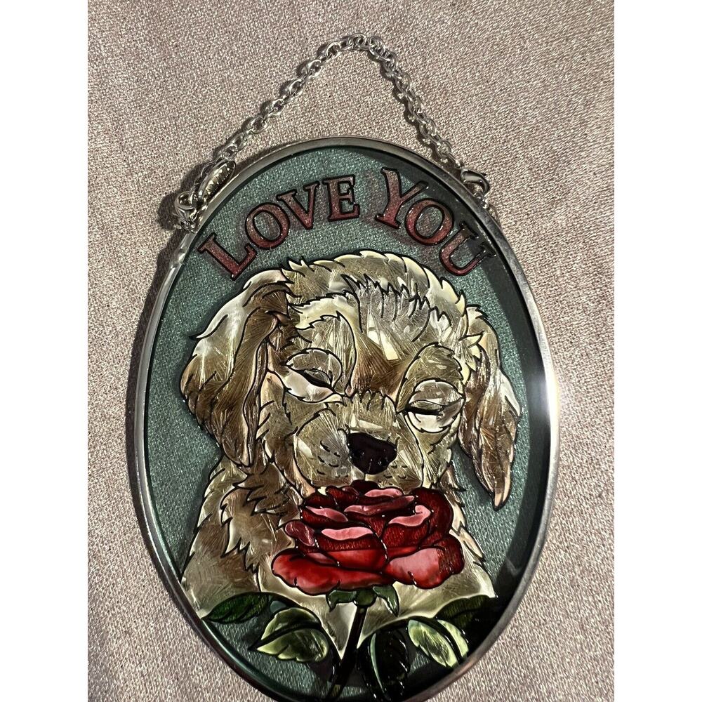 New Window Art Hand Painted Glass Amia Dog Lover Hanging Suncatcher Oval 5x3.5